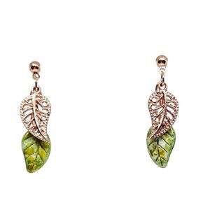 Handmade Copper & Green Elm Leaf Charm Post Stud Boho Dangle Nature Earrings